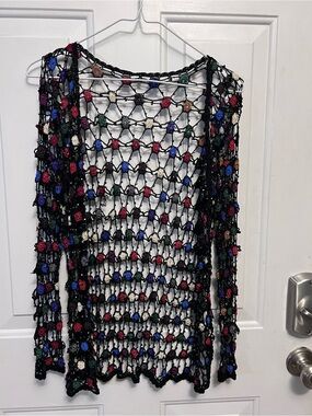 Black Multicolor Crochet Open Knit Cardigan Floral Beaded Embellished Boho